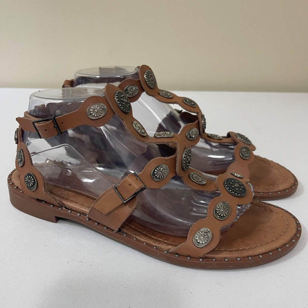 Schutz Sandals Womens 10B Aletta Brown‎ Leather Studded Strappy Gladiator Flats